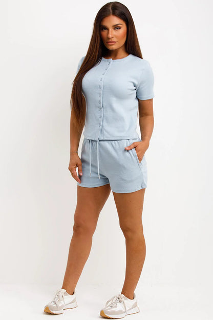 Ribbed Button Up Top And Shorts Set