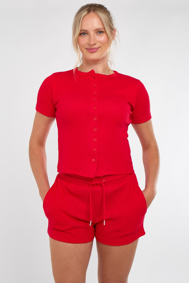 Ribbed Button Up Top And Shorts Set