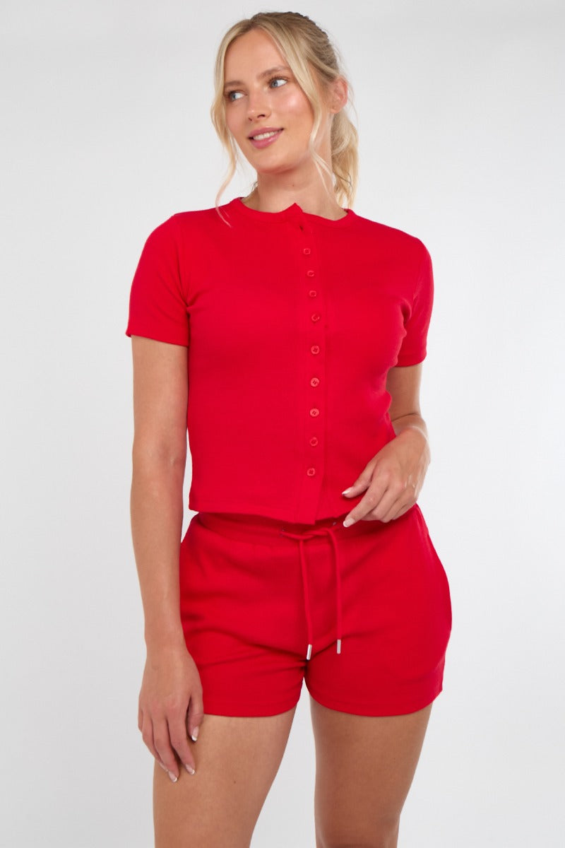 Ribbed Button Up Top And Shorts Set