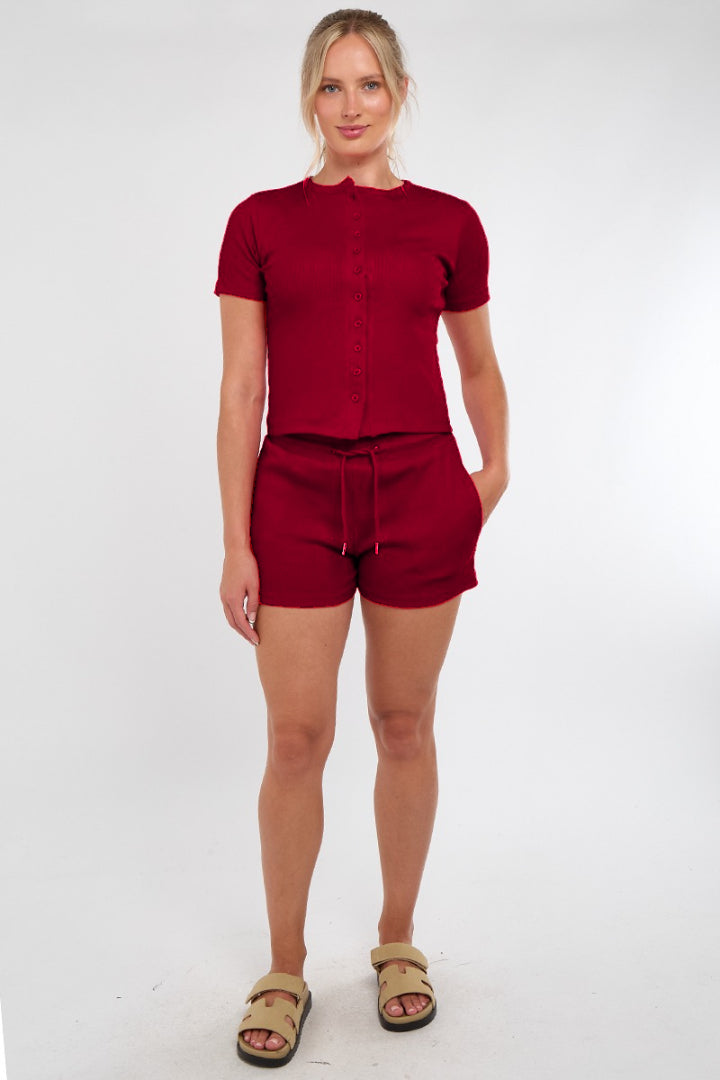 Ribbed Button Up Top And Shorts Set