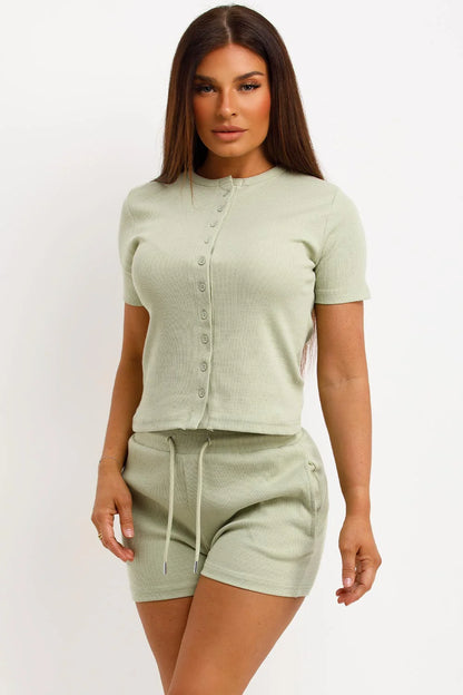 Ribbed Button Up Top And Shorts Set