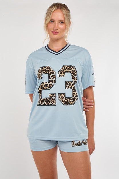 Oversized Football Jersey T-shirt Top & Shorts Set - Leopard Print 23