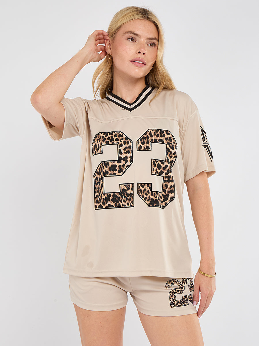Oversized Football Jersey T-shirt Top & Shorts Set - Leopard Print 23
