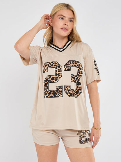 Oversized Football Jersey T-shirt Top & Shorts Set - Leopard Print 23