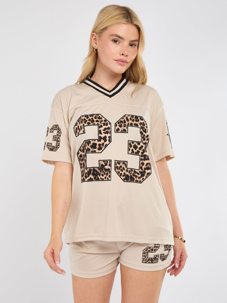 Oversized Football Jersey T-shirt Top & Shorts Set - Leopard Print 23