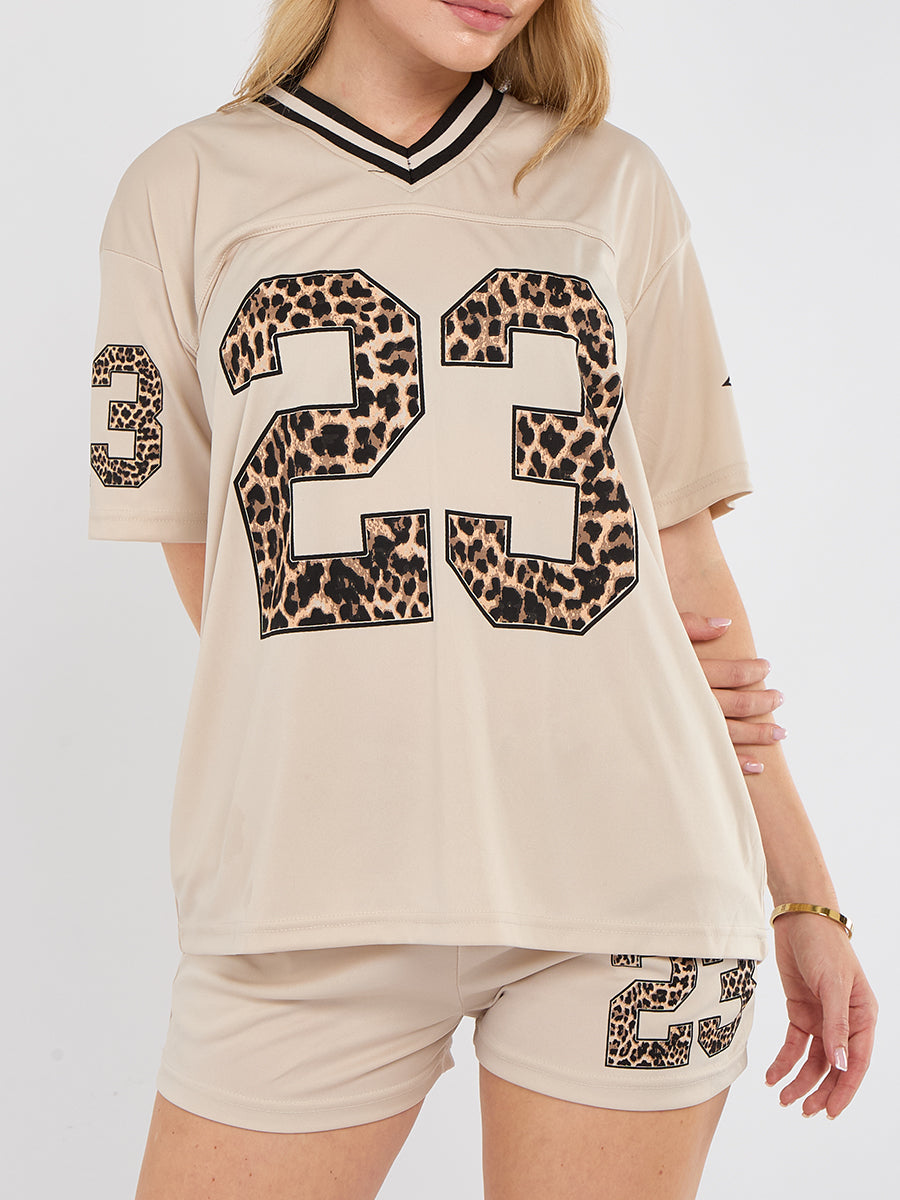 Oversized Football Jersey T-shirt Top & Shorts Set - Leopard Print 23
