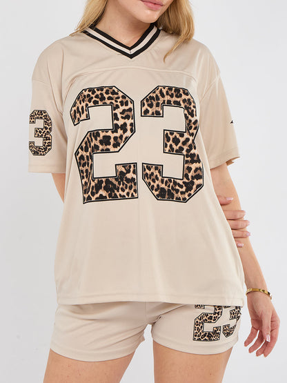Oversized Football Jersey T-shirt Top & Shorts Set - Leopard Print 23