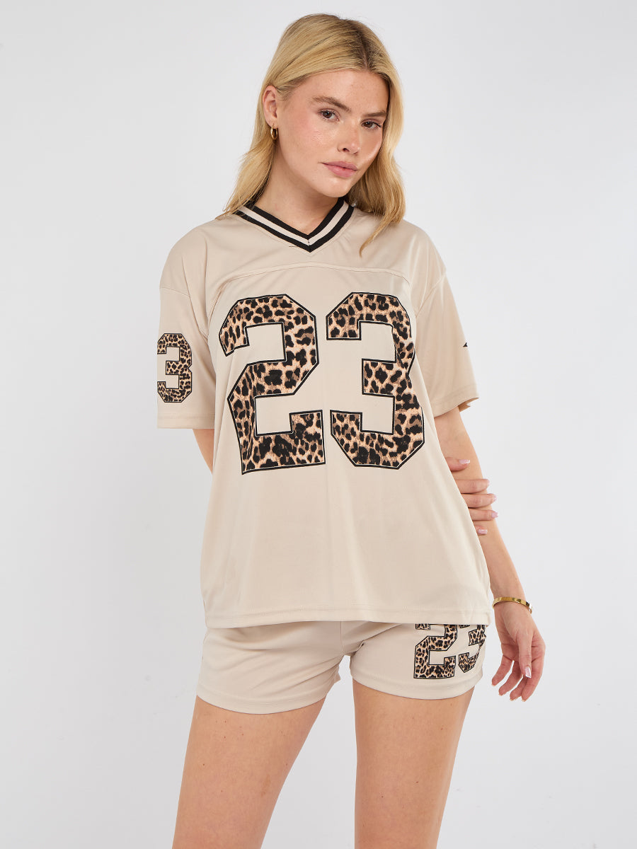 Oversized Football Jersey T-shirt Top & Shorts Set - Leopard Print 23