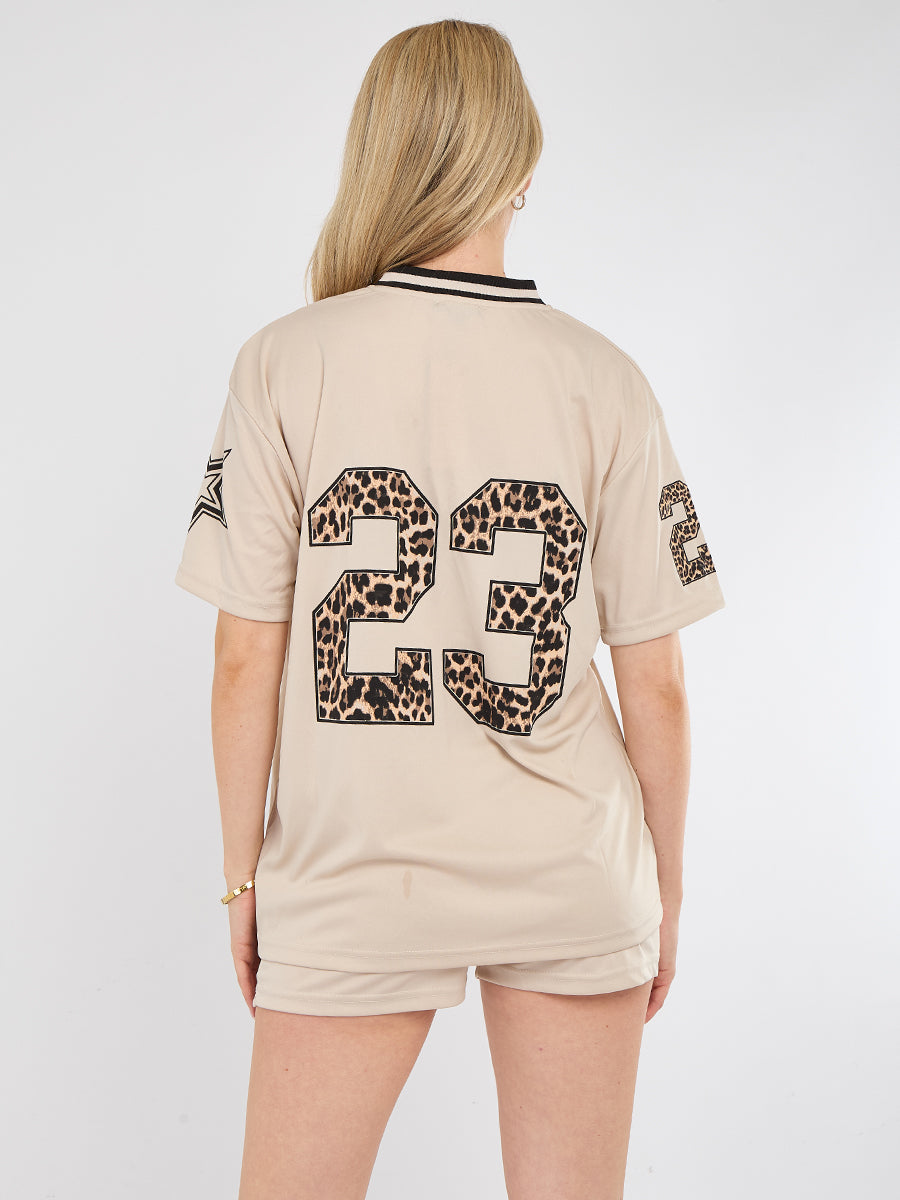 Oversized Football Jersey T-shirt Top & Shorts Set - Leopard Print 23