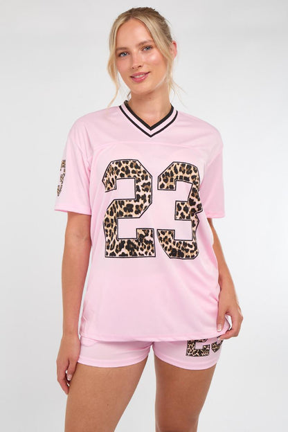 Oversized Football Jersey T-shirt Top & Shorts Set - Leopard Print 23