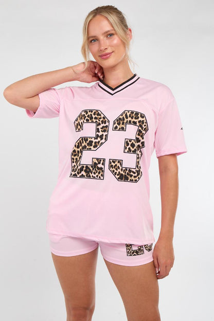 Oversized Football Jersey T-shirt Top & Shorts Set - Leopard Print 23