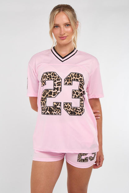Oversized Football Jersey T-shirt Top & Shorts Set - Leopard Print 23
