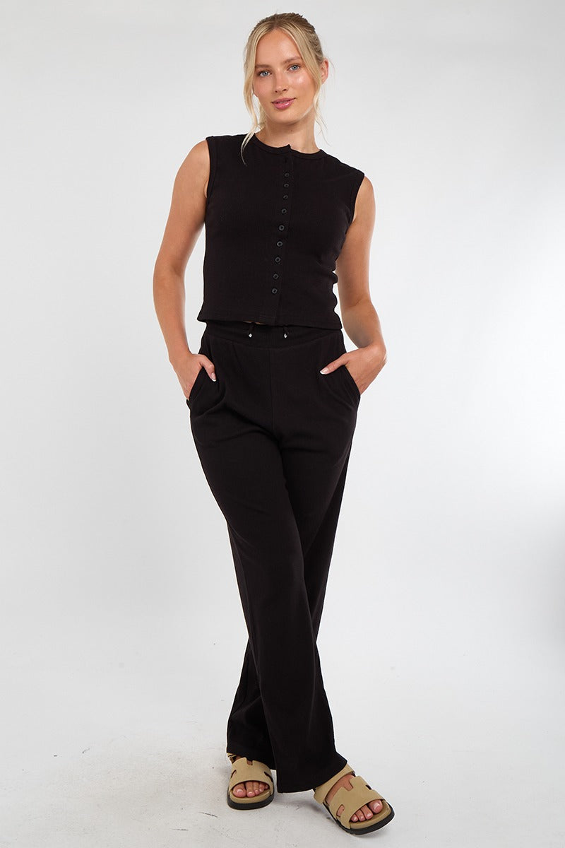 Sleeveless Ribbed Button Up Top And Wide Leg Trousers Set