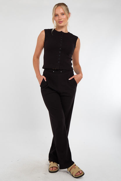 Sleeveless Ribbed Button Up Top And Wide Leg Trousers Set