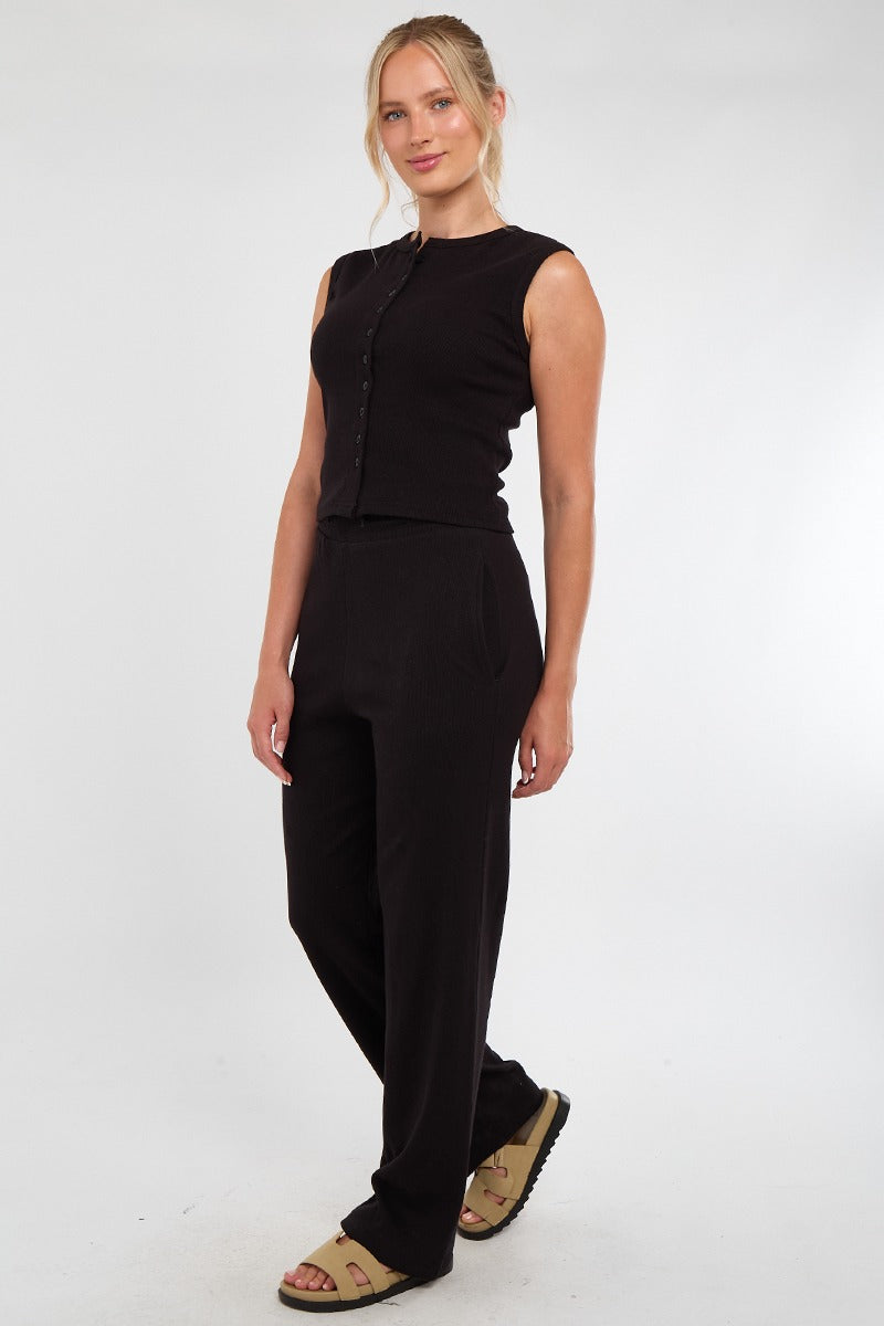 Sleeveless Ribbed Button Up Top And Wide Leg Trousers Set