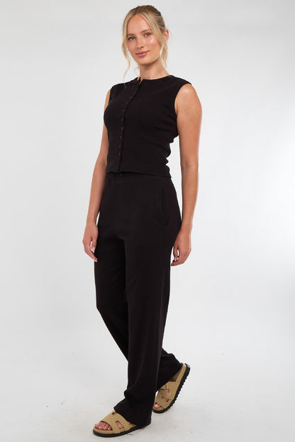 Sleeveless Ribbed Button Up Top And Wide Leg Trousers Set