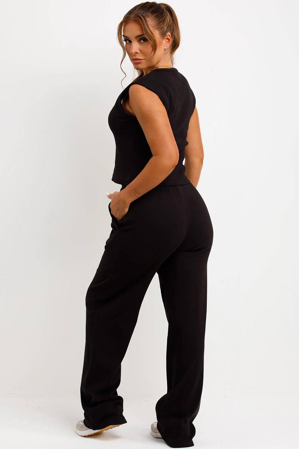 Sleeveless Ribbed Button Up Top And Wide Leg Trousers Set
