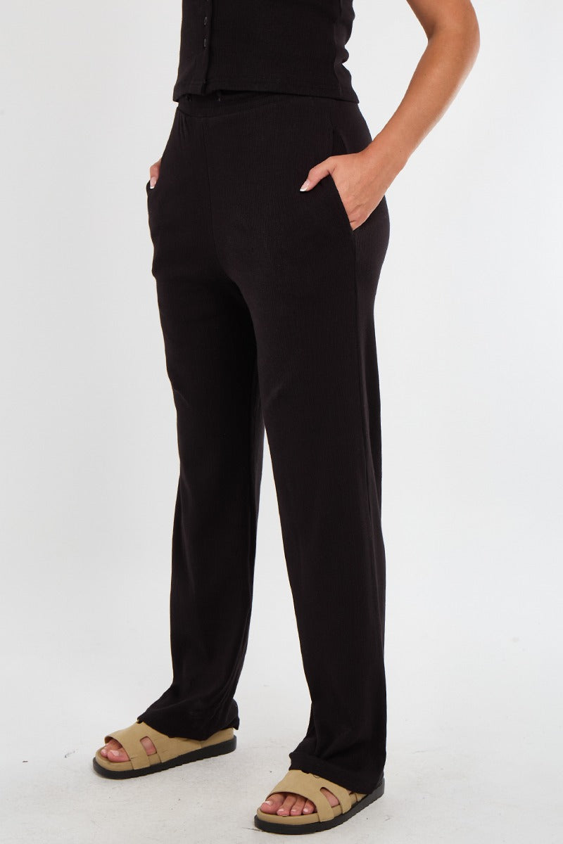 Sleeveless Ribbed Button Up Top And Wide Leg Trousers Set