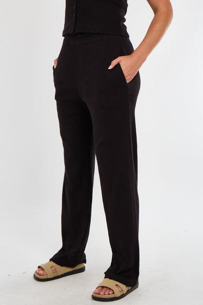 Sleeveless Ribbed Button Up Top And Wide Leg Trousers Set