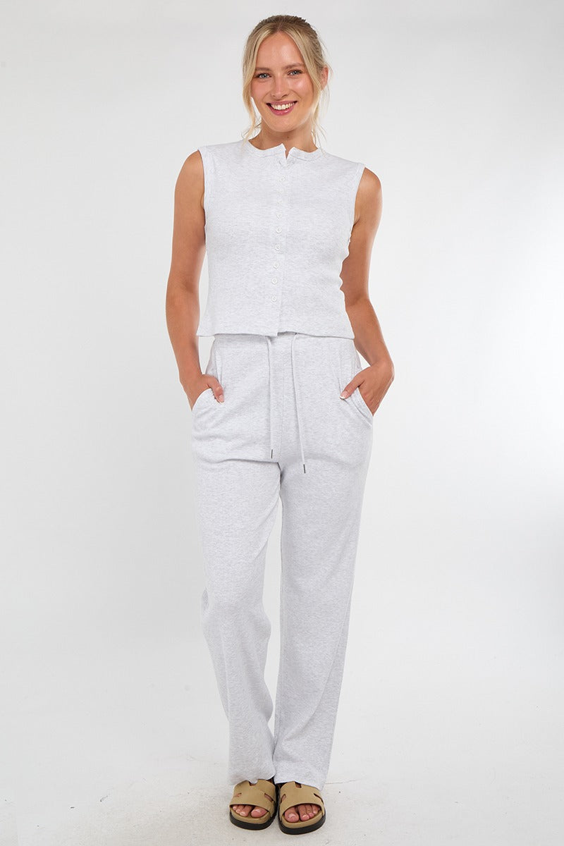 Sleeveless Ribbed Button Up Top And Wide Leg Trousers Set
