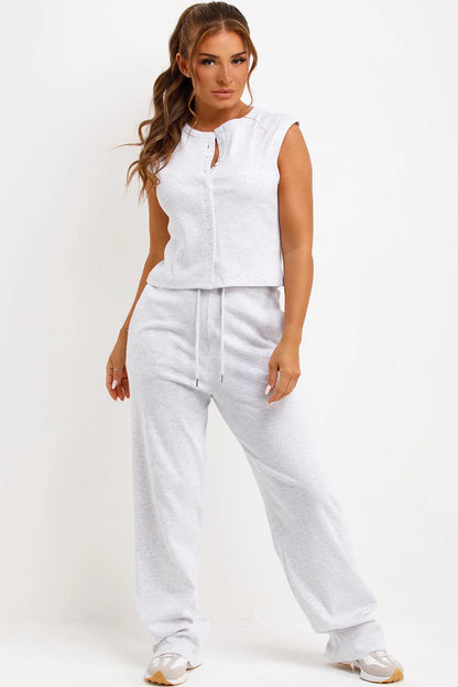 Sleeveless Ribbed Button Up Top And Wide Leg Trousers Set