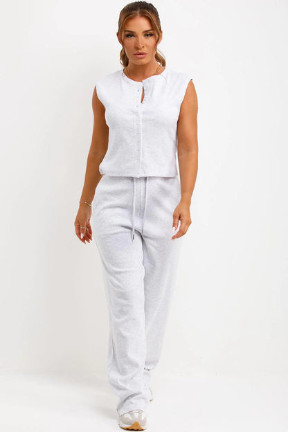 Sleeveless Ribbed Button Up Top And Wide Leg Trousers Set