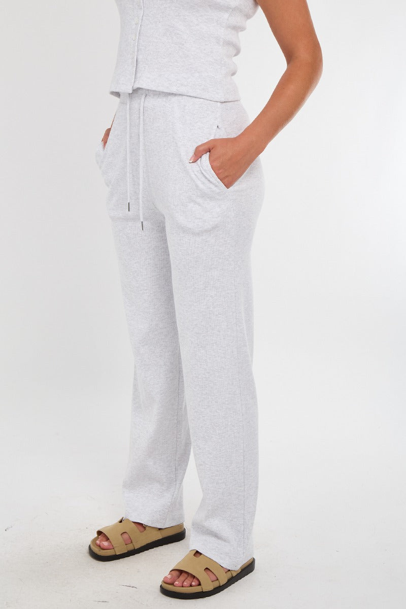 Sleeveless Ribbed Button Up Top And Wide Leg Trousers Set