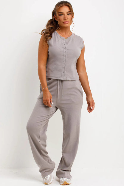Sleeveless Ribbed Button Up Top And Wide Leg Trousers Set