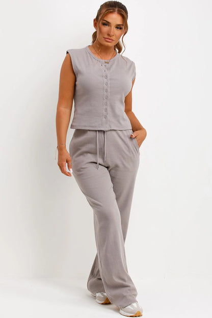 Sleeveless Ribbed Button Up Top And Wide Leg Trousers Set