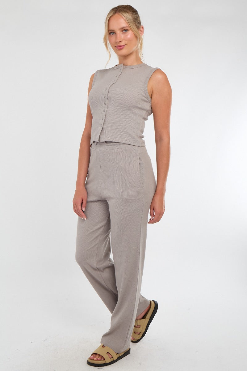 Sleeveless Ribbed Button Up Top And Wide Leg Trousers Set