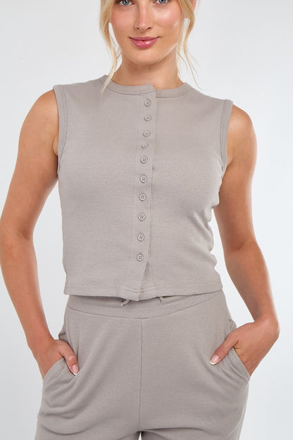 Sleeveless Ribbed Button Up Top And Wide Leg Trousers Set