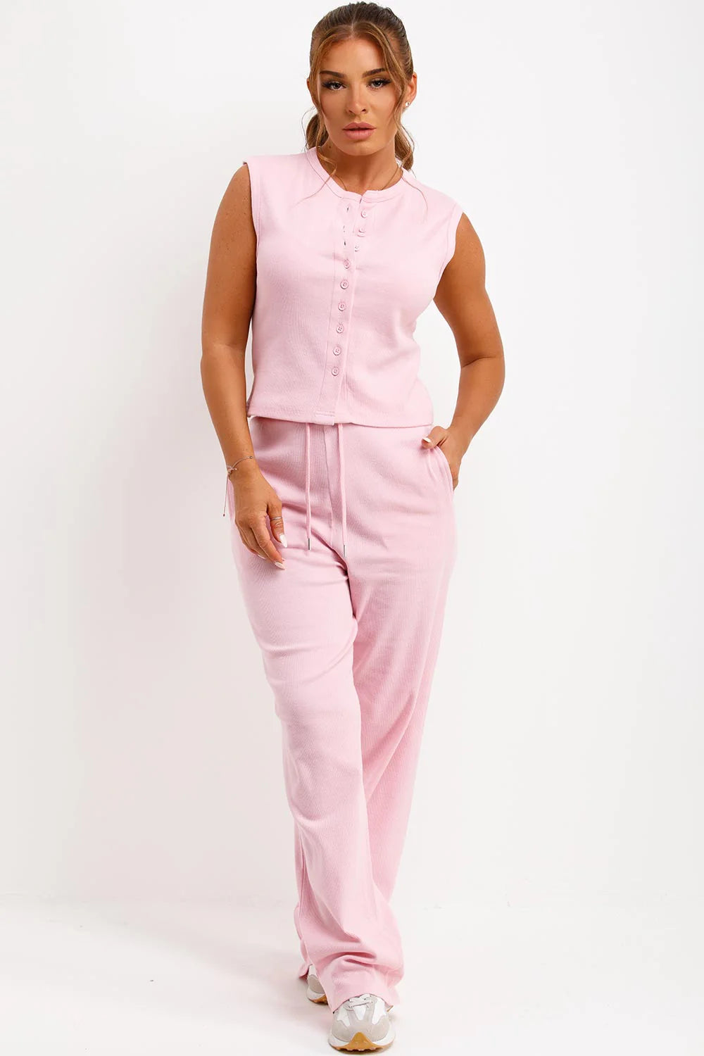 Sleeveless Ribbed Button Up Top And Wide Leg Trousers Set