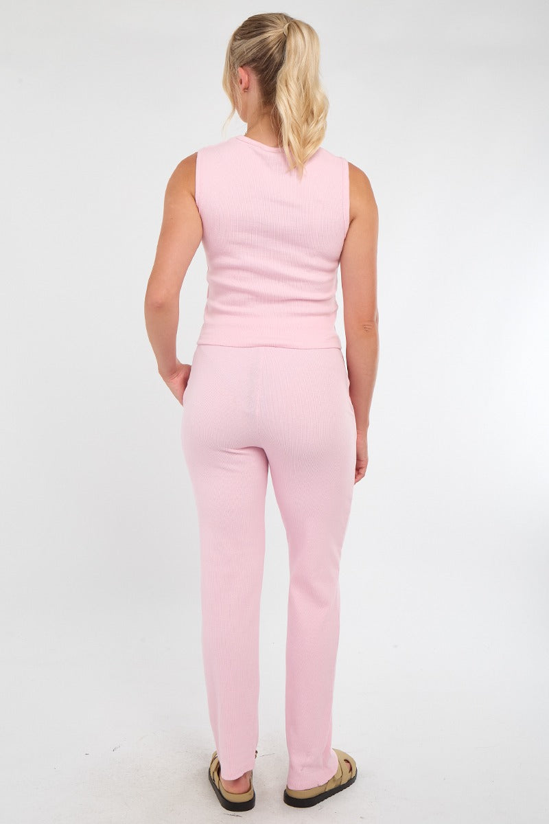 Sleeveless Ribbed Button Up Top And Wide Leg Trousers Set