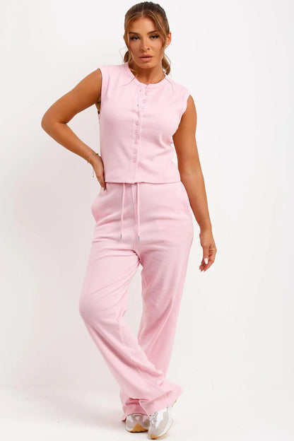 Sleeveless Ribbed Button Up Top And Wide Leg Trousers Set
