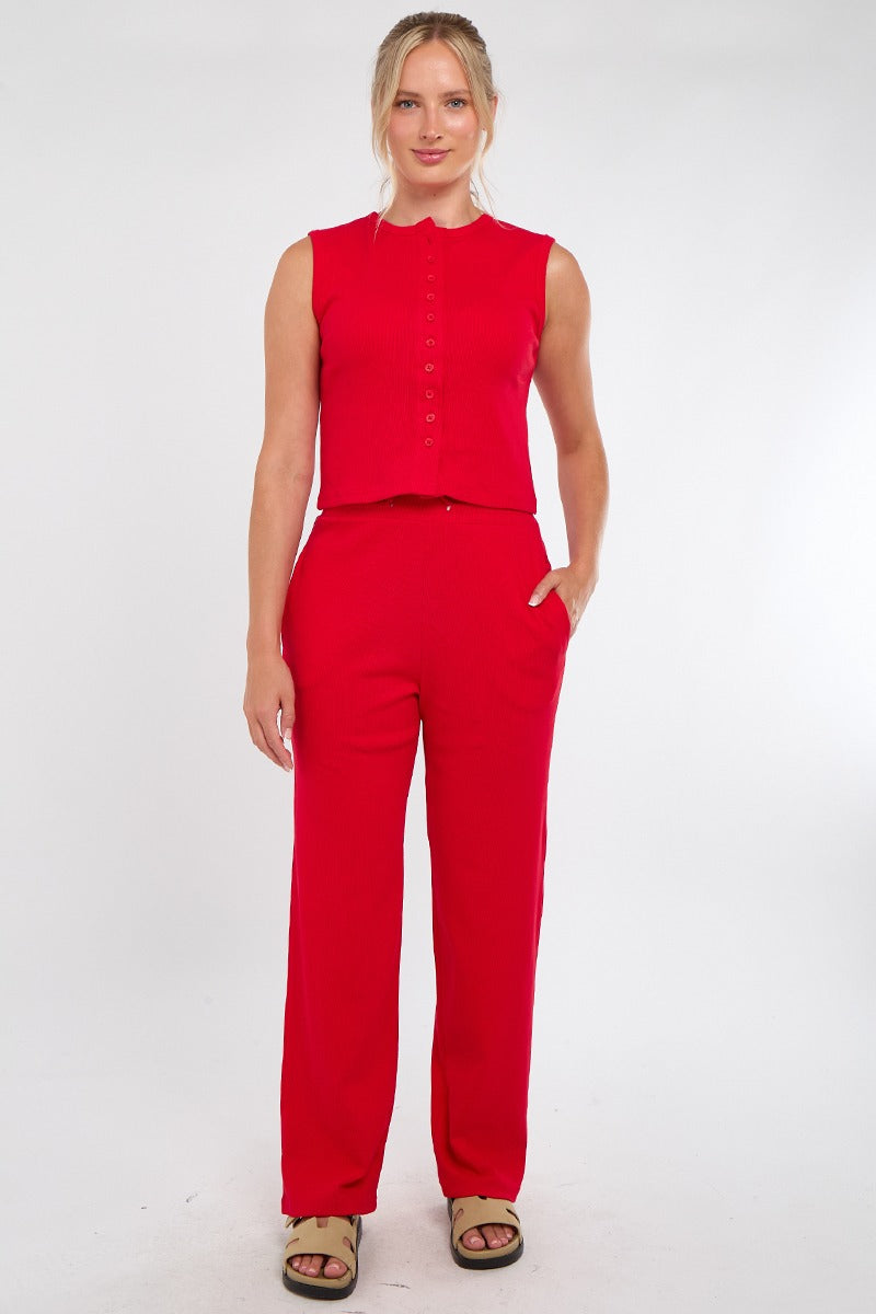 Sleeveless Ribbed Button Up Top And Wide Leg Trousers Set