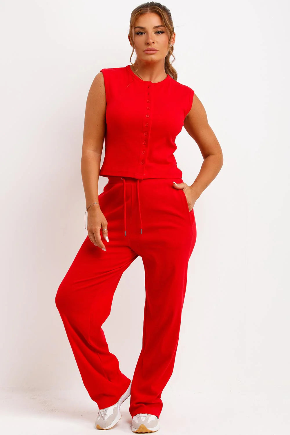 Sleeveless Ribbed Button Up Top And Wide Leg Trousers Set