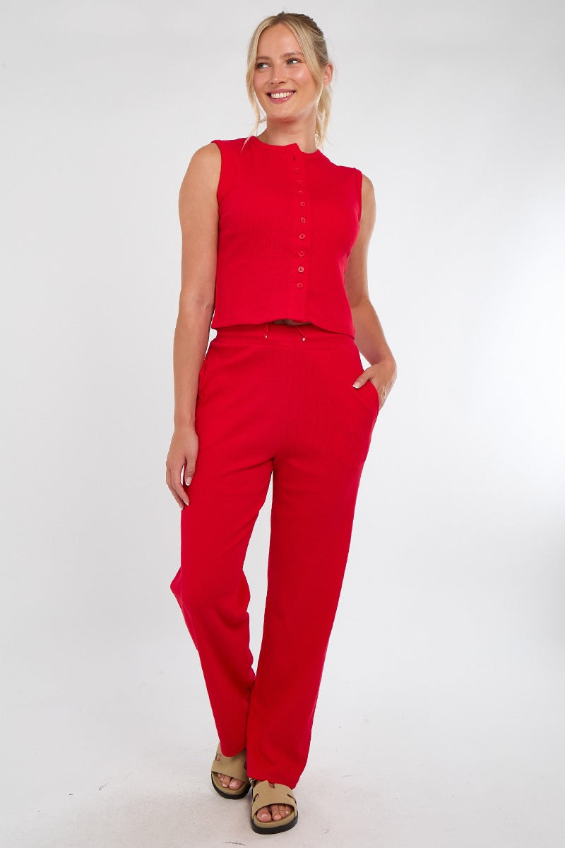 Sleeveless Ribbed Button Up Top And Wide Leg Trousers Set