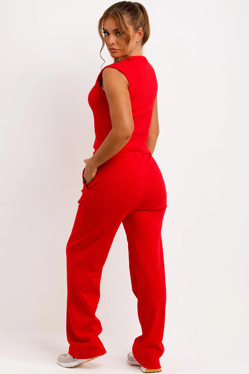 Sleeveless Ribbed Button Up Top And Wide Leg Trousers Set