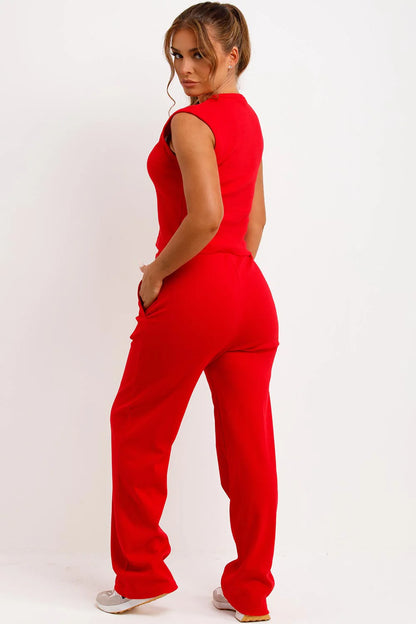 Sleeveless Ribbed Button Up Top And Wide Leg Trousers Set