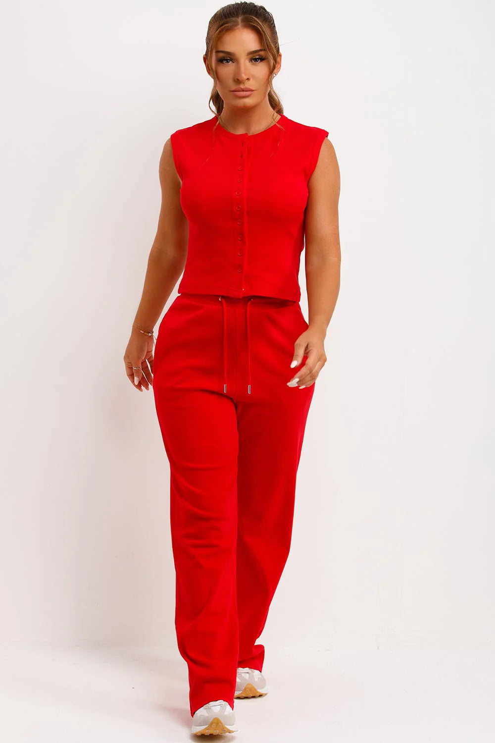 Sleeveless Ribbed Button Up Top And Wide Leg Trousers Set