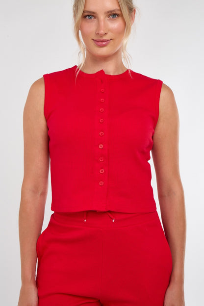 Sleeveless Ribbed Button Up Top And Wide Leg Trousers Set