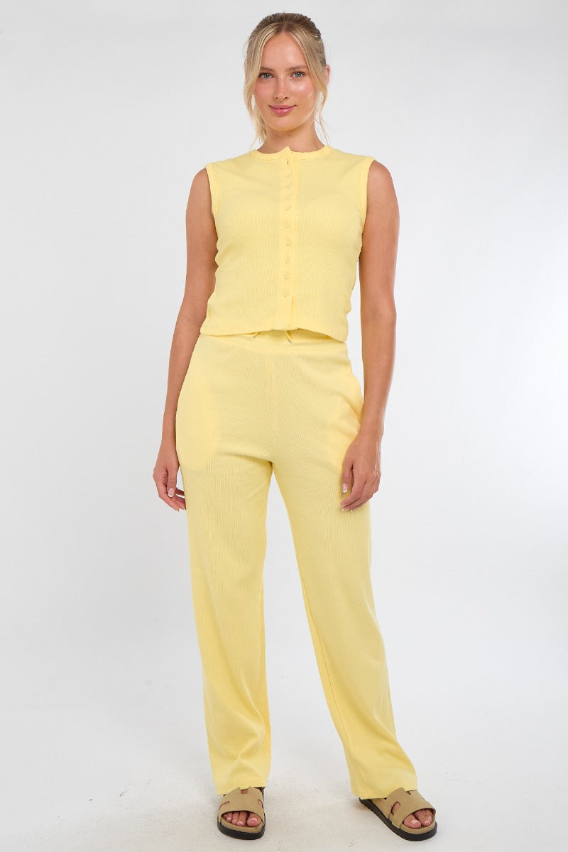 Sleeveless Ribbed Button Up Top And Wide Leg Trousers Set