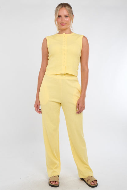 Sleeveless Ribbed Button Up Top And Wide Leg Trousers Set