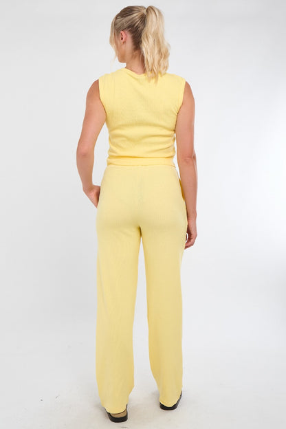 Sleeveless Ribbed Button Up Top And Wide Leg Trousers Set