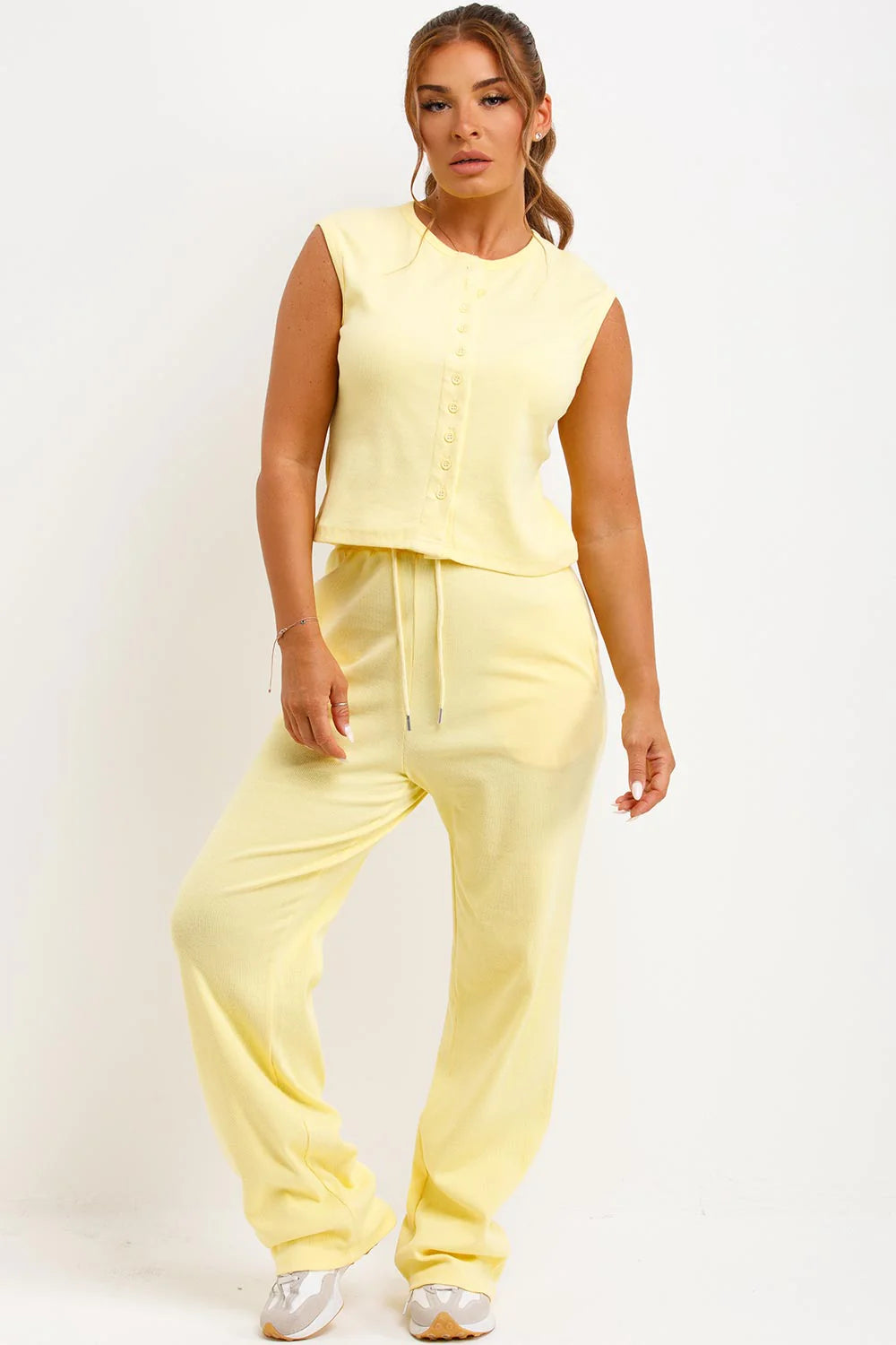 Sleeveless Ribbed Button Up Top And Wide Leg Trousers Set