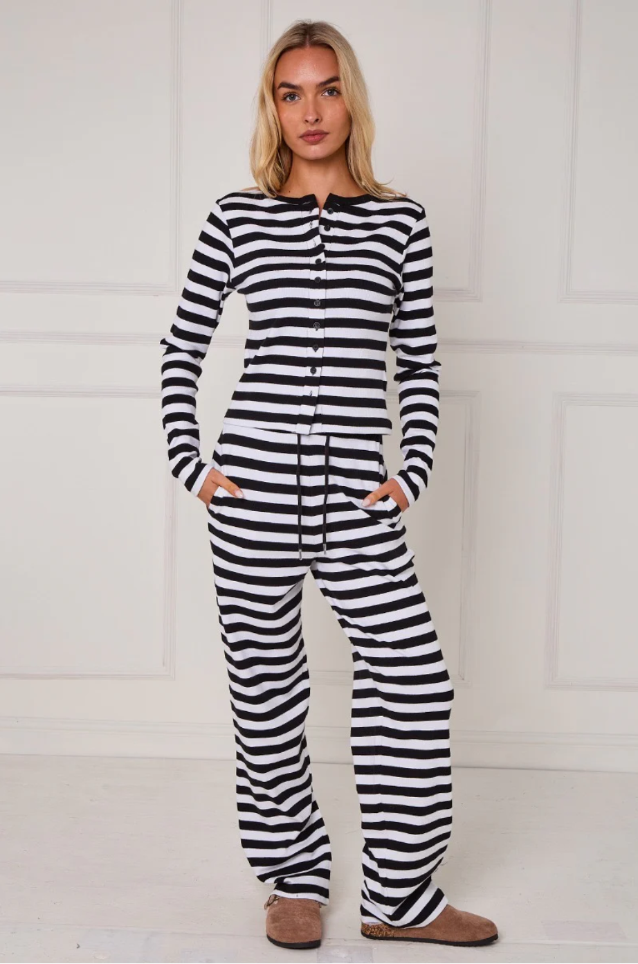 Striped Ribbed Button Up Top & Wide Leg Trouser Co-ord Set