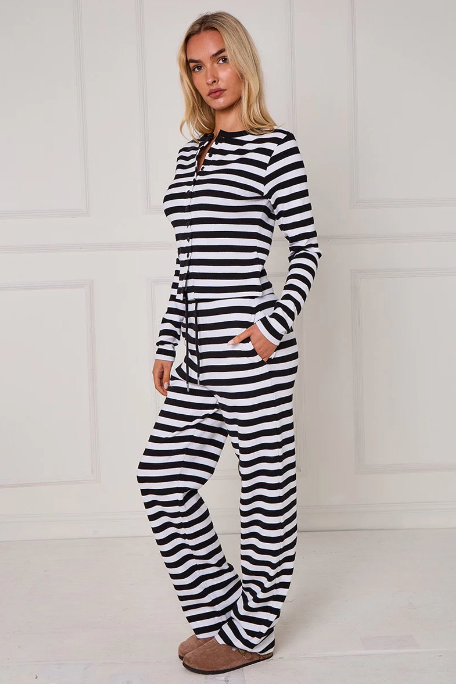 Striped Ribbed Button Up Top & Wide Leg Trouser Co-ord Set
