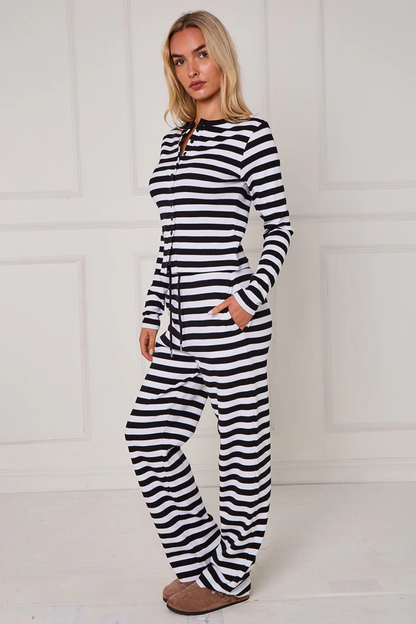 Striped Ribbed Button Up Top & Wide Leg Trouser Co-ord Set