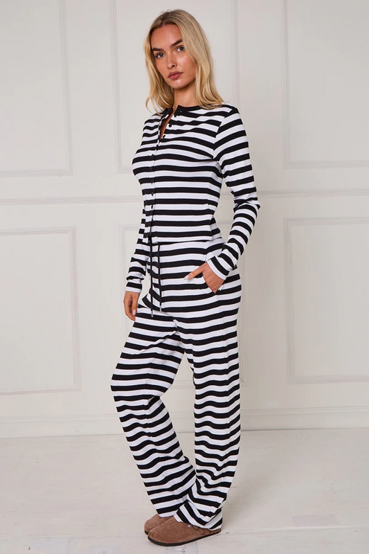 Striped Ribbed Button Up Top & Wide Leg Trouser Co-ord Set