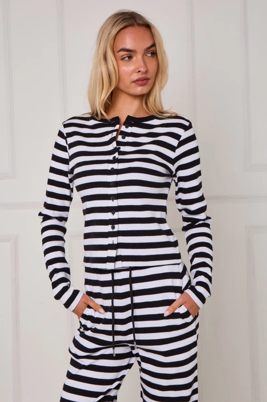 Striped Ribbed Button Up Top & Wide Leg Trouser Co-ord Set